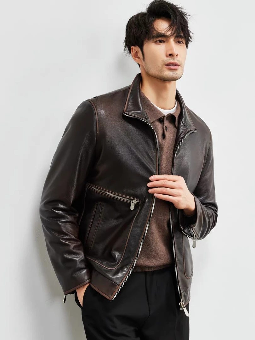 2024年新款真皮山羊皮手工擦色立翻领美式复古男士外套秋季-82352