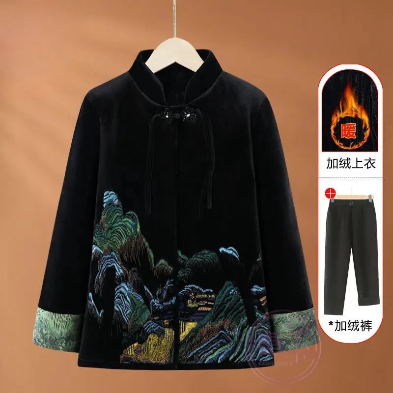 国风妈妈装加绒加厚棉服外套冬装时尚老太太棉袄中老年女装棉衣