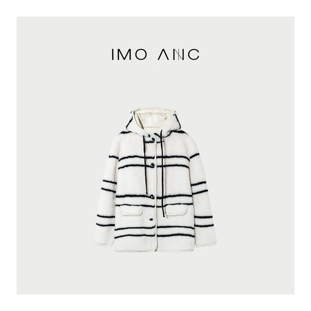 IM SO FANCY美利奴羊毛条纹外套连帽抽绳翻盖口袋外套SQ771