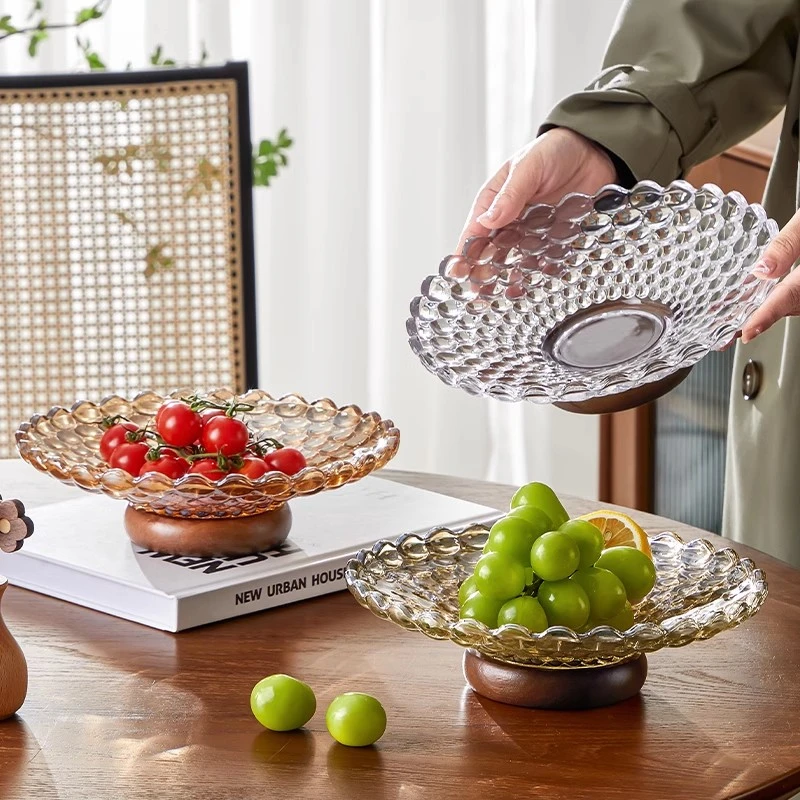 原创水晶玻璃水果盘2024年新款实木高脚客厅茶几干果坚果零食盘子