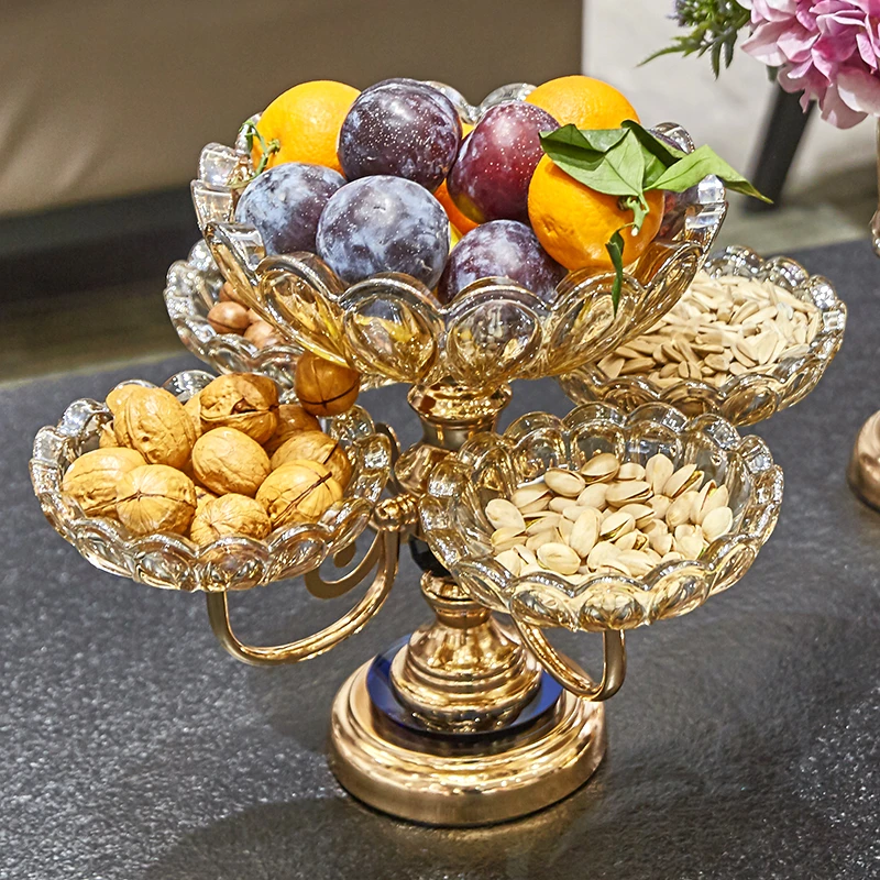 新款《五谷丰登》奢华360°可旋转水晶玻璃双层水果盘创意干果零食盘