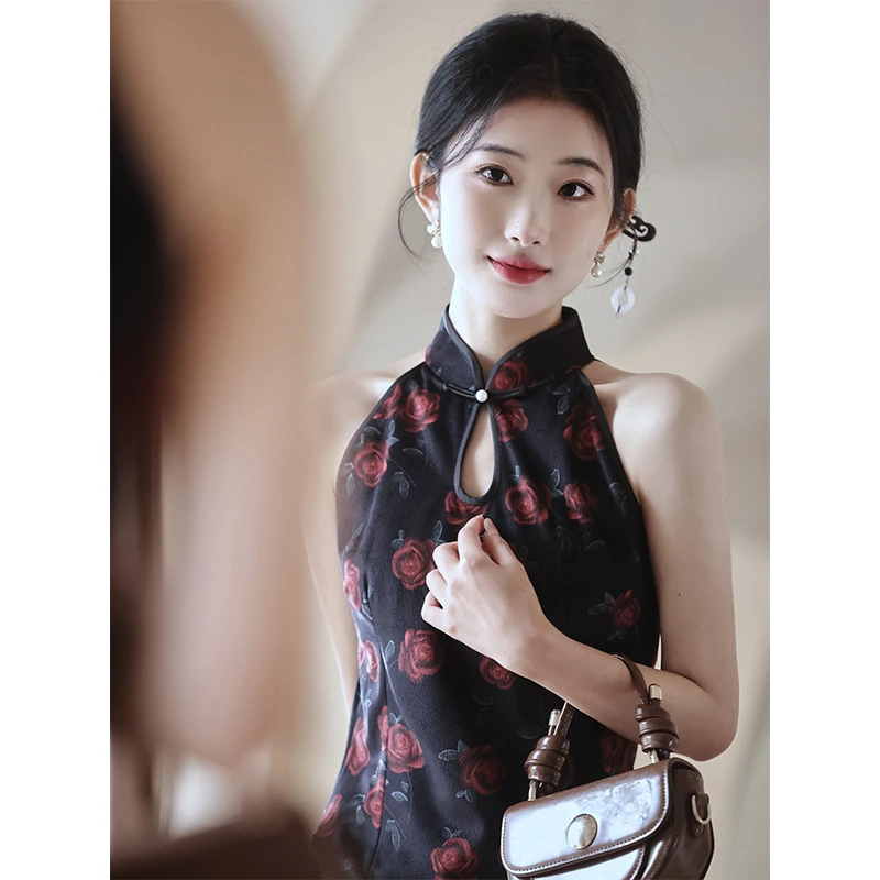 黑色无袖玫瑰旗袍2024新款夏季挂脖性感改良年轻款少女日常新中式