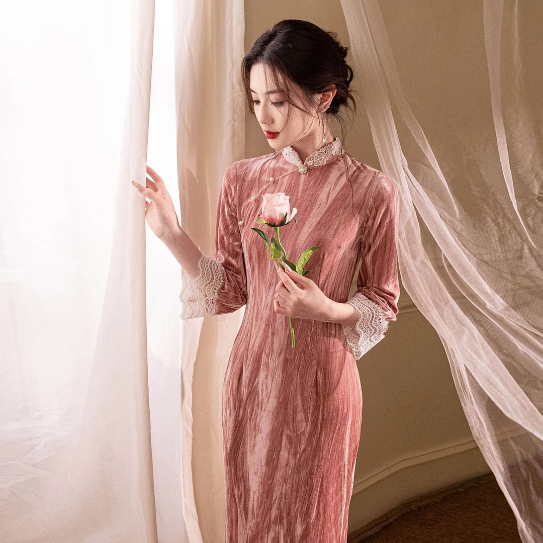 2024早秋新款中国风弹力直绉长款复古旗袍女装少女改良连衣裙日常