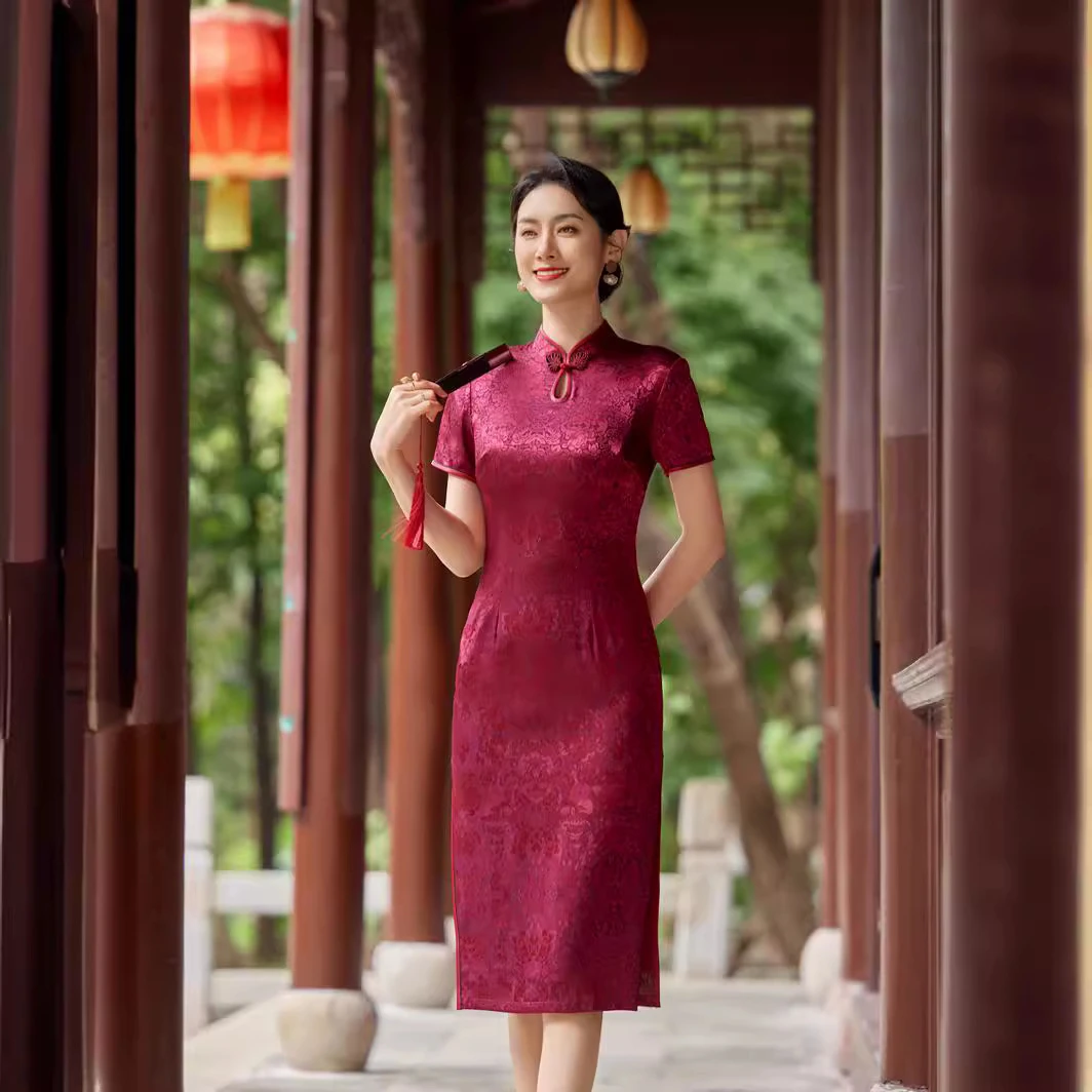 中式新款夏季改良女旗袍纯色妈妈装小个子水滴领短袖喜婆婆敬酒服