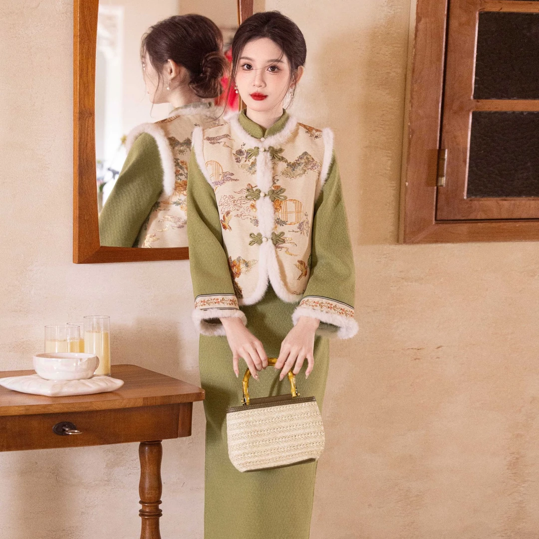 2024冬款旗袍两件套新中式温婉复古改良旗袍马甲连衣裙国风套装