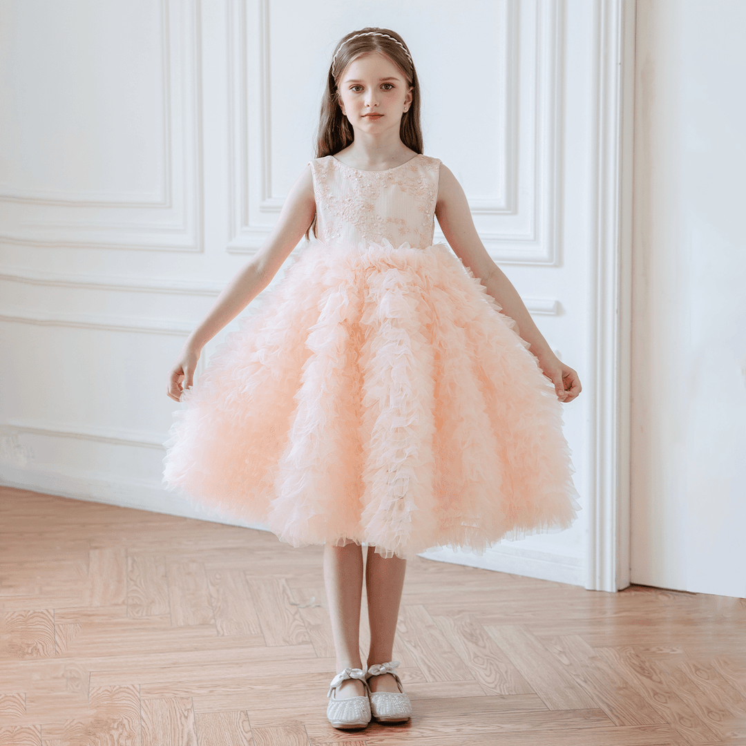 雅林达丝2024夏季新款女童粉橘色连衣裙简约无袖网纱裙刺绣蓬蓬裙