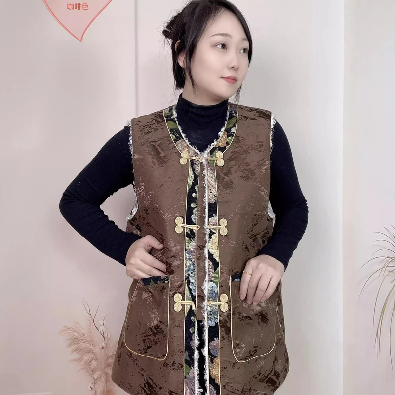 新款藏族服装藏式提花面中开加绒马甲手工盘扣金卡边冬装藏装背心