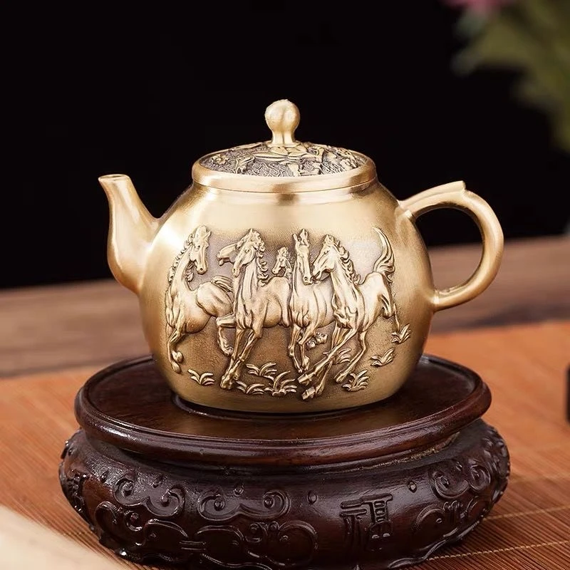 黄铜马到功成铜茶壶家用黄铜水壶茶具铜壶功夫茶礼居家摆件