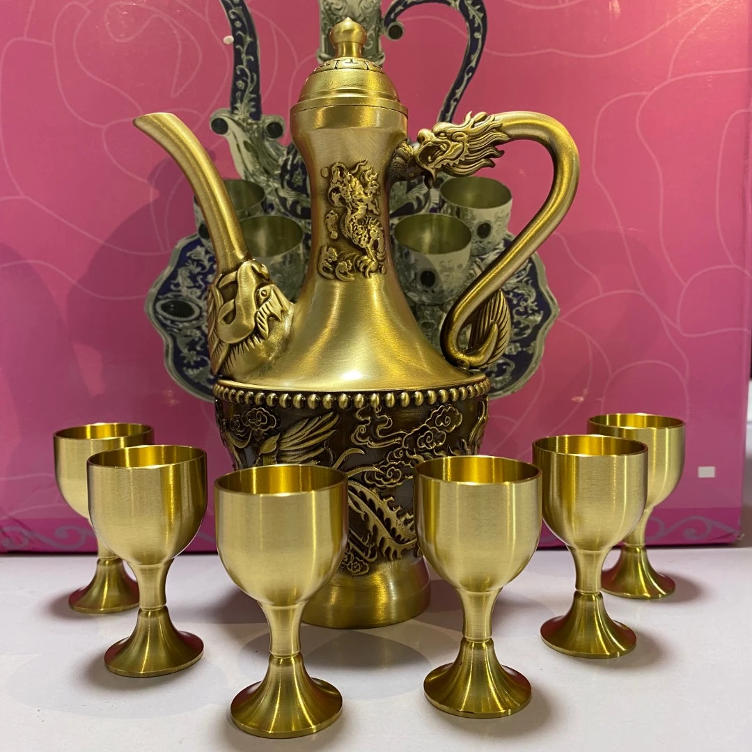 新款黄铜材质酒壶高品质龙凤壶套装居家时尚创意摆件复古家用酒具