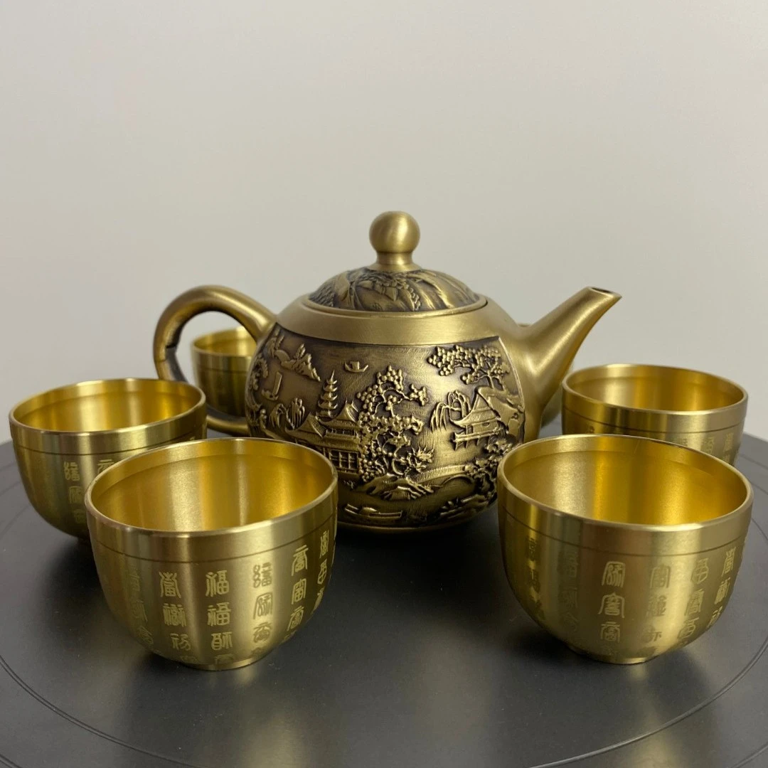 【一壶六杯】山水壶高档复古黄铜茶壶酒壶套装摆件3D立体浮雕茶壶