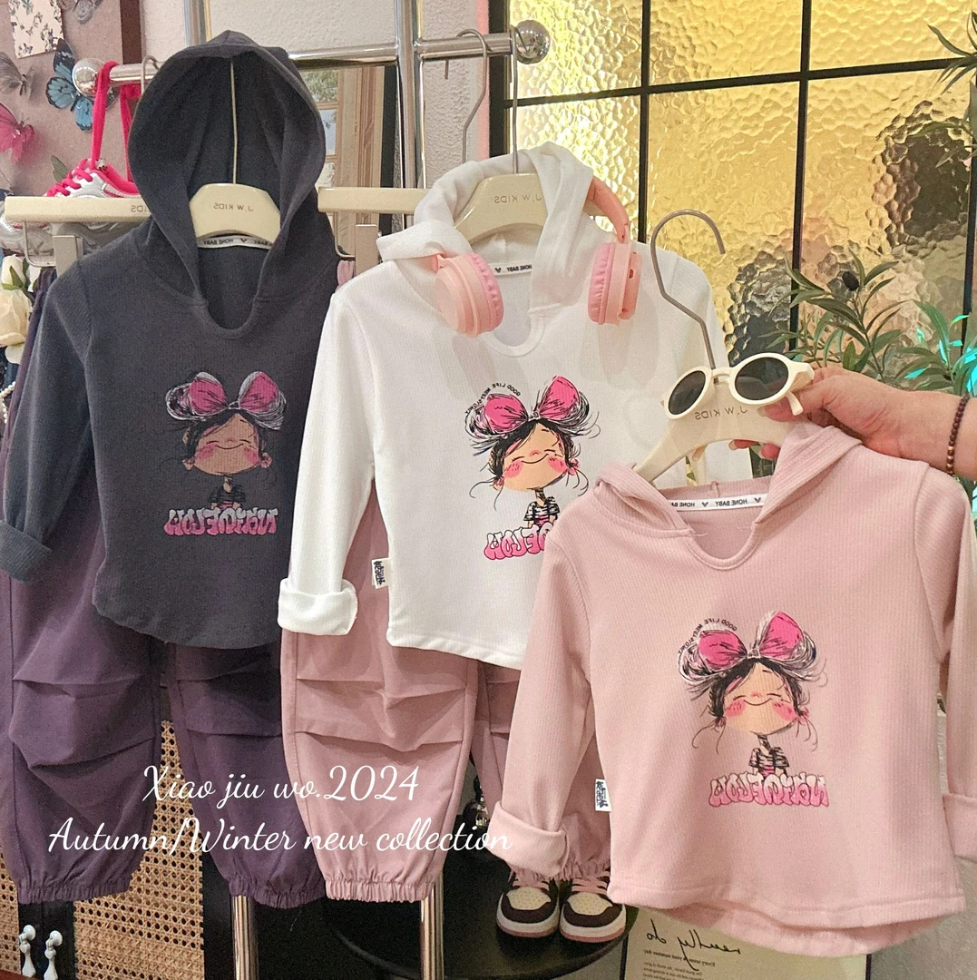 女童秋装ol针织上衣韩版儿童洋气长袖T恤宝宝上衣百搭连帽潮卫衣