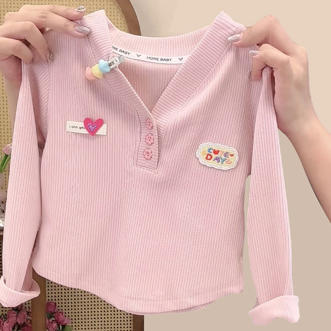 女童春装针织上衣韩版儿童洋气长袖T恤宝宝上衣百搭彩扣潮甜美