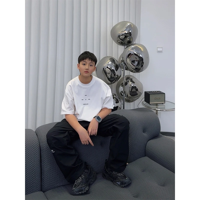 【现货】XT1527小赖家圆领中大童男百搭宽松上衣美式纯棉白色潮半袖