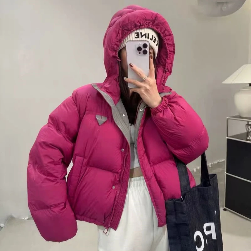 秋冬女士连帽短款保暖羽绒服撞色小众糖果色宽松小个子面包服