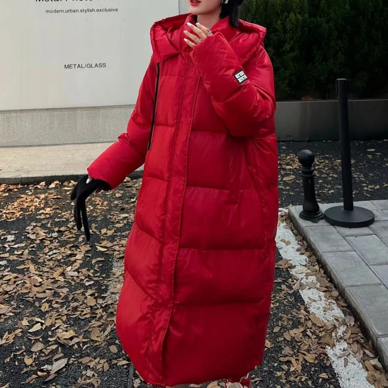 冬季高端男女情侣长款连帽羽绒服时尚宽松大码加厚保暖百搭外套