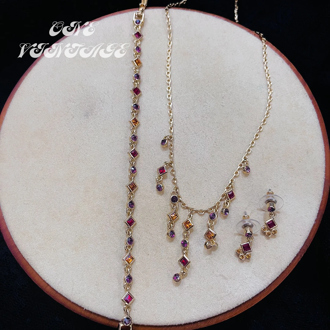 合金仿水晶项链 Napier流苏水晶红色项链耳钉手链套装 vintage