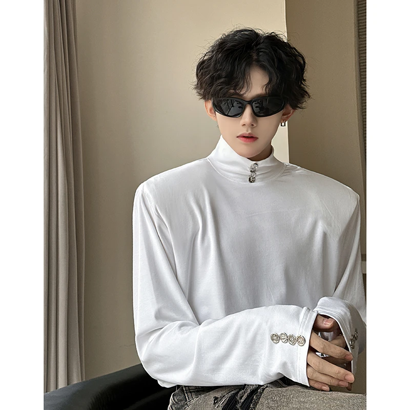 秋冬小众多纽扣设计感立领T恤男女长袖韩版半高领内搭垫肩打底衫