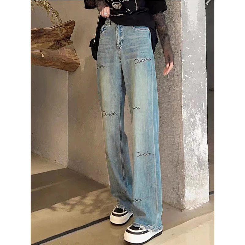 【专柜正品,现货秒发】直筒牛仔裤窄版阔腿裤女士破洞牛仔裤子
