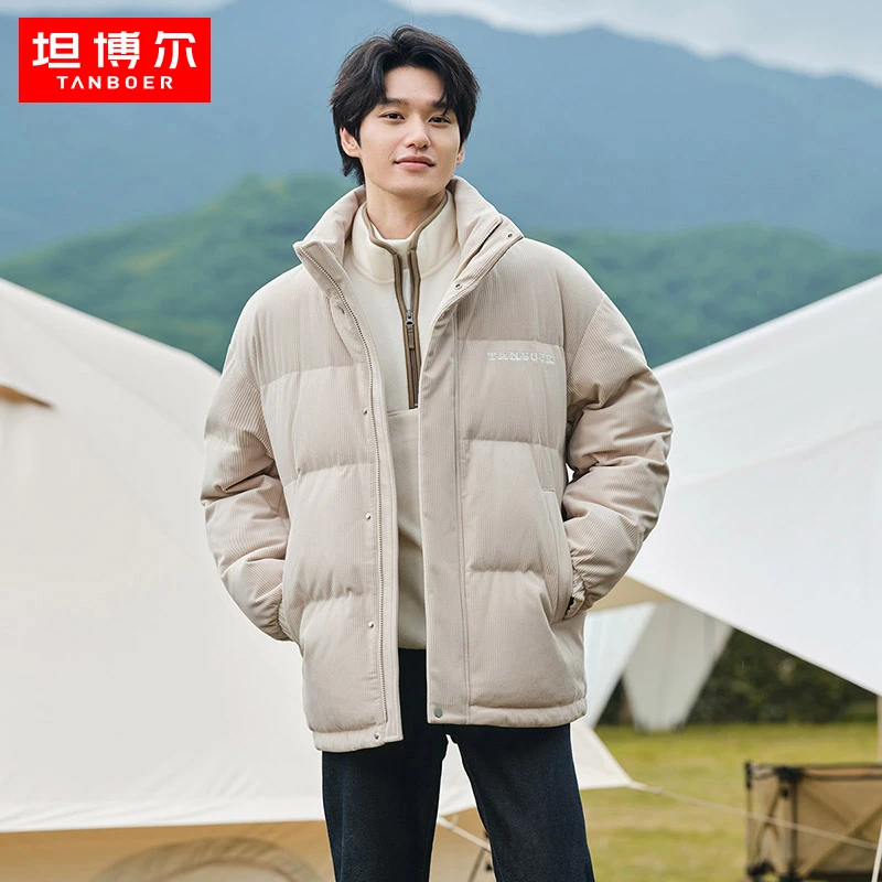 坦博尔男士灯芯绒时尚刺绣立领短款保暖纯色外套羽绒服TF336565