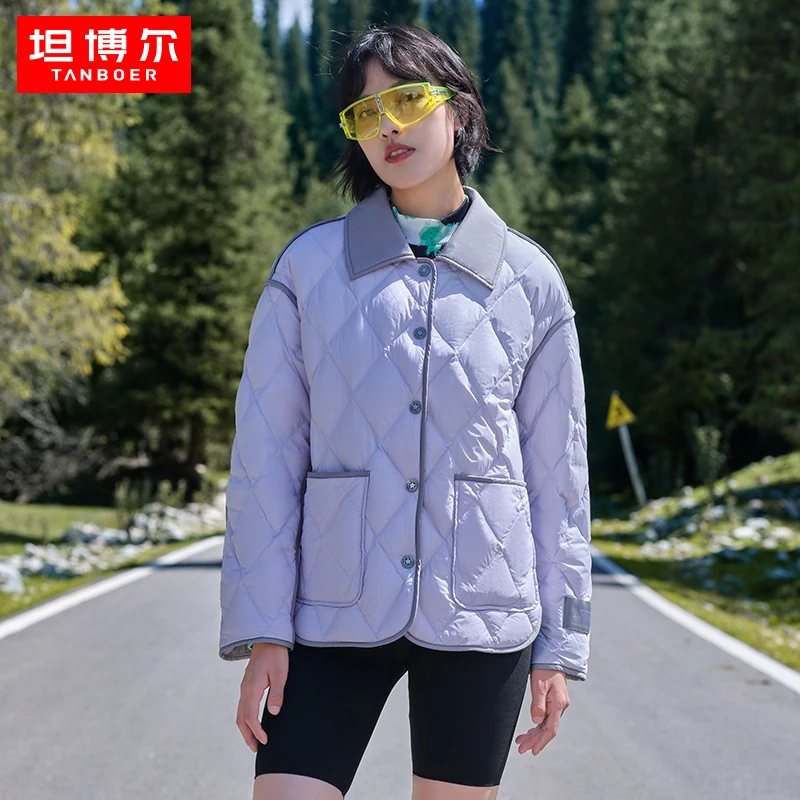 坦博尔羽绒服女短款菱格纹翻领撞色保暖秋冬时尚休闲外套TB233322