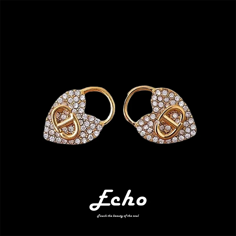 铜合金耳饰 ECHO耳钉QD002爱心锁耳钉镶钻精致小众百搭时尚轻奢