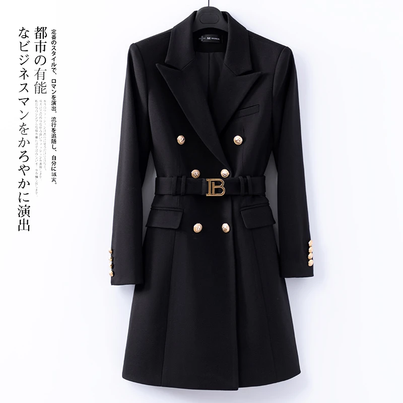 黑色西装连衣裙女高级感御姐双排扣西服裙21052风衣中长款大衣