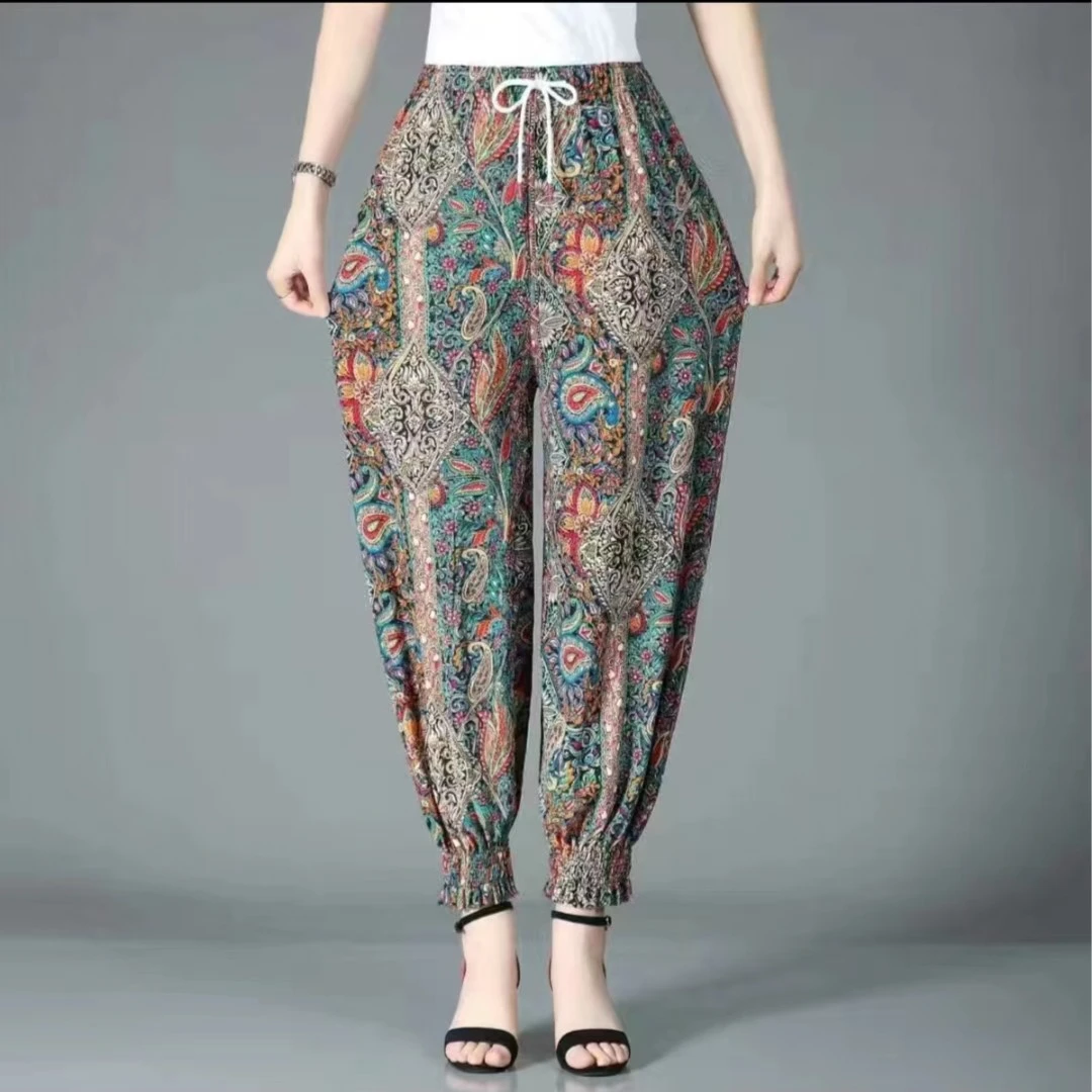 加大加肥妈妈款九分裤女夏季松紧腰大码中老年束脚冰雪丝防蚊裤