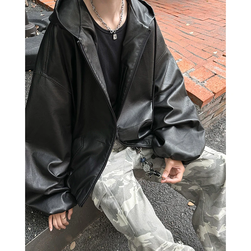 2024秋冬新科技美式连帽皮衣外套秋季高级感街头机车风PU皮夹克