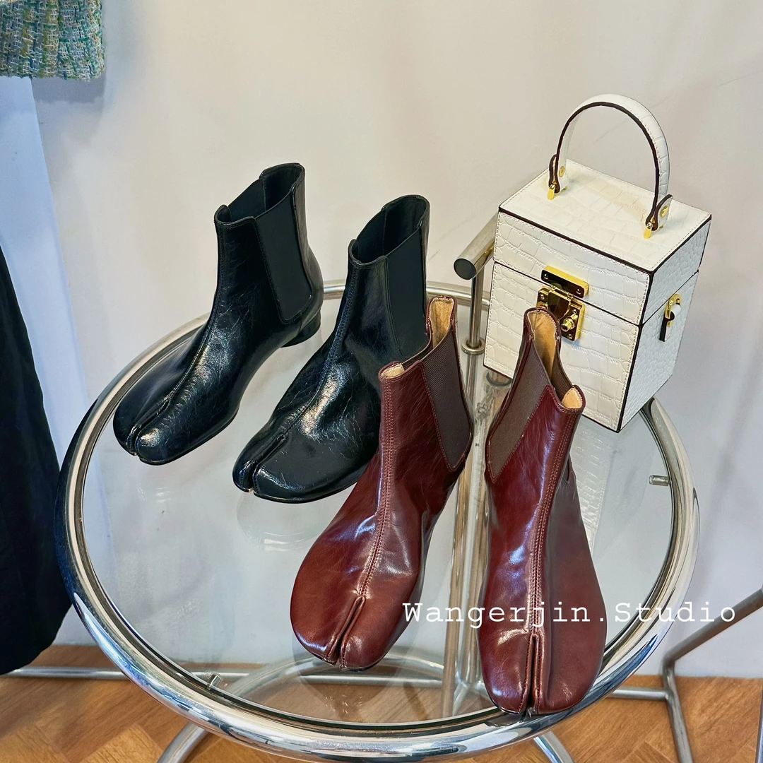 王二今牛皮/3厘米/分趾鞋马蹄跟短靴女切尔西短靴百搭气质中筒