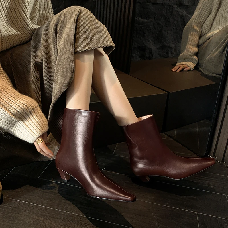 【王二今】牛皮/5CM/方头坡跟英伦风法式复古短靴切尔西靴马丁靴女