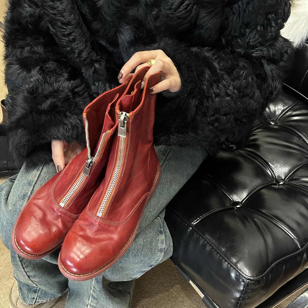 【王二今】马皮/3CM/鬼帝靴圆头粗跟前拉链倒靴女切尔西马丁靴女