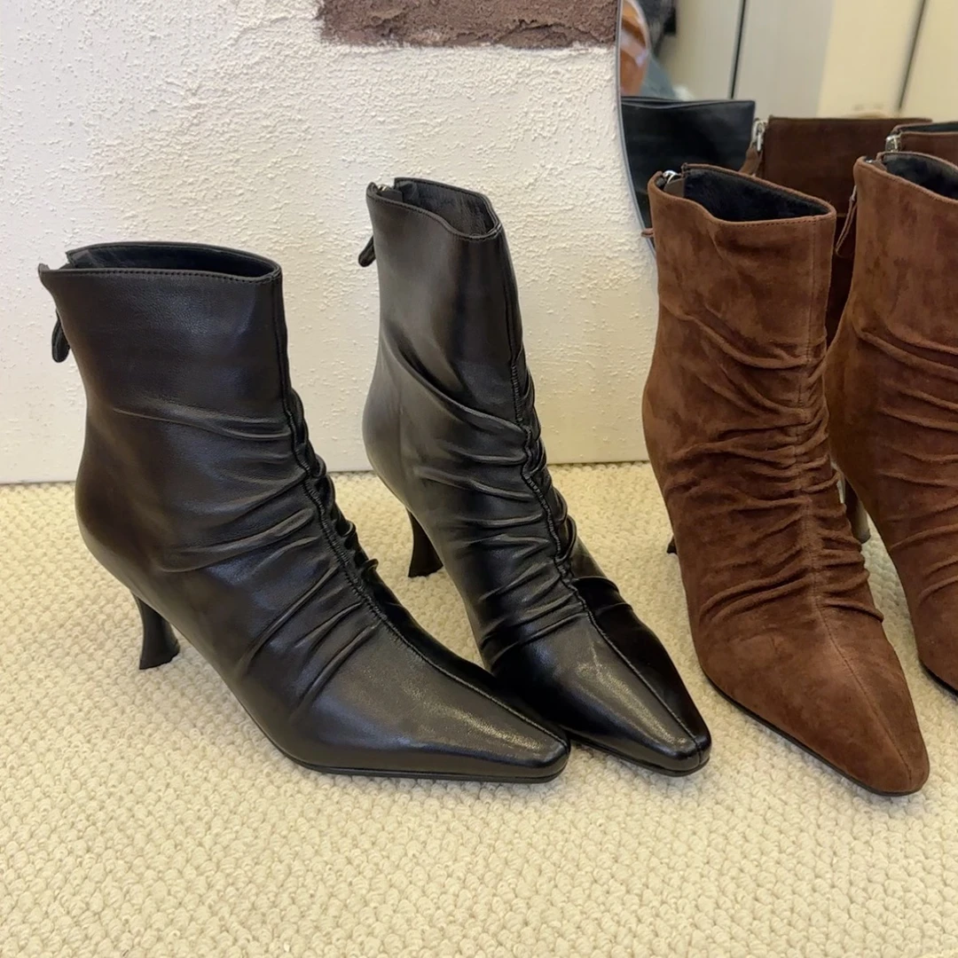 【王二今】羊皮/7CM/极简轻奢大牌细高跟尖方头时装靴气质优雅短靴