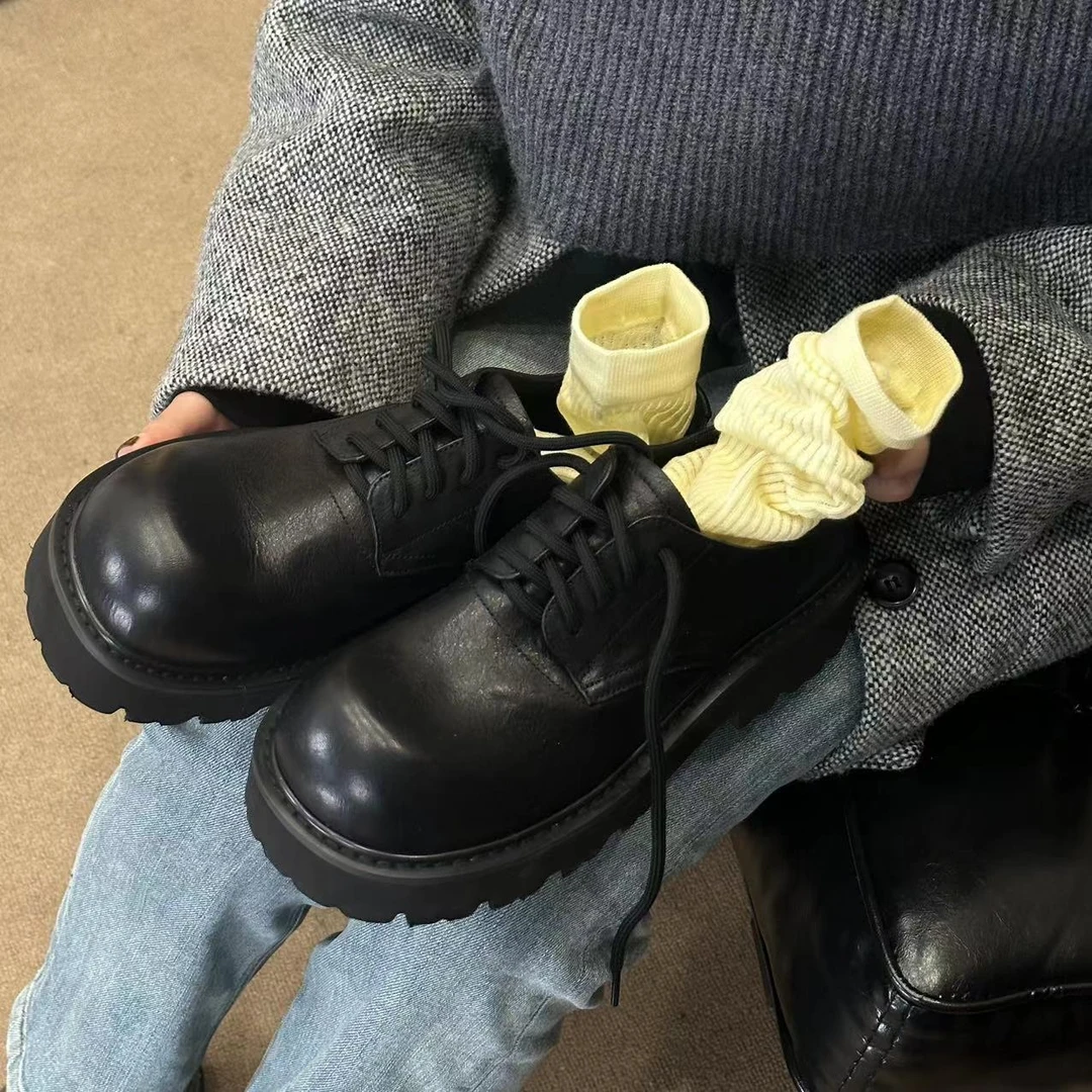 【王二今】马皮/跟3.5CM/米奇大头德比鞋厚底增高系带乐福单鞋女
