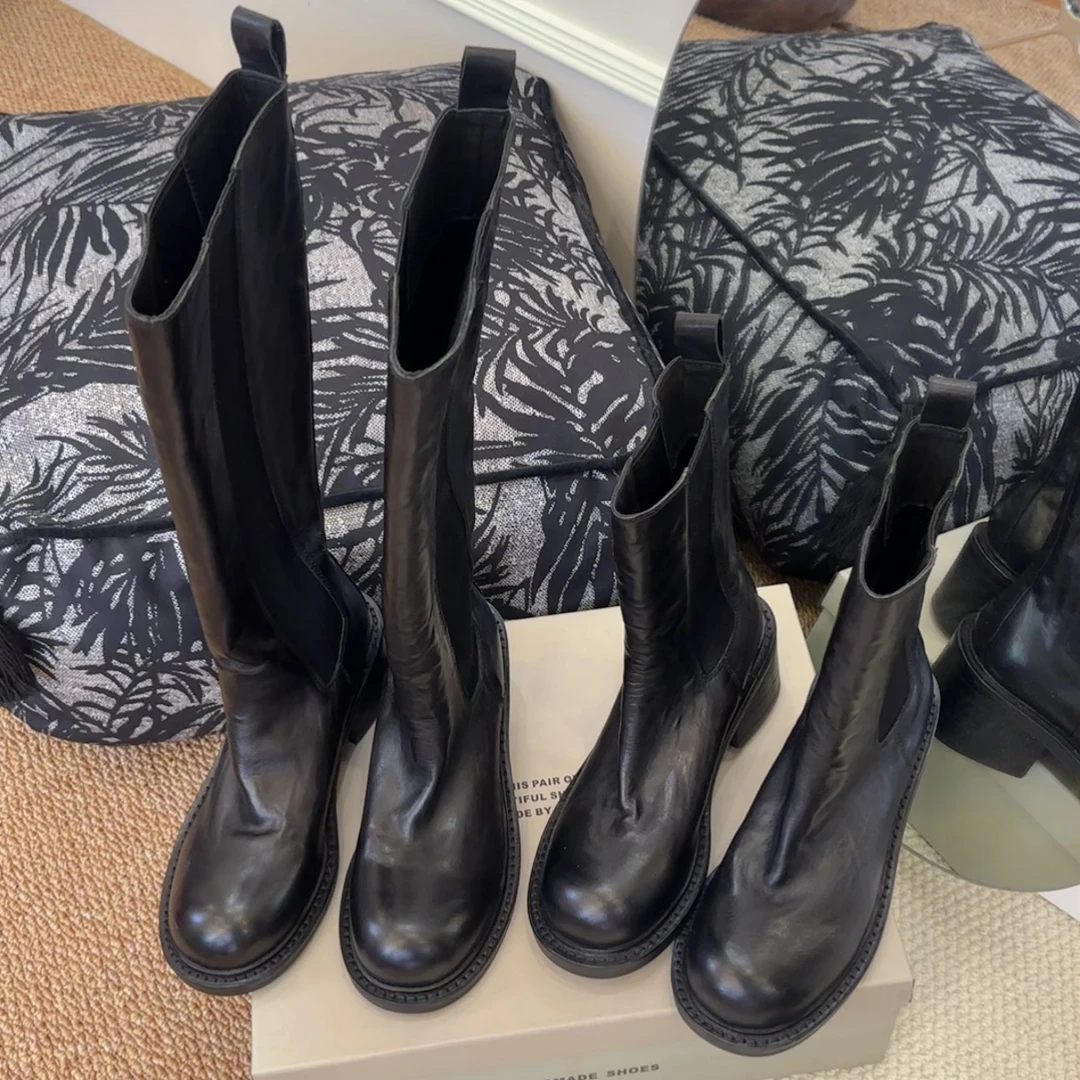 【王二今】牛皮/5CM/极简大牌酷飒显瘦中筒短靴女裸靴骑士长筒靴女