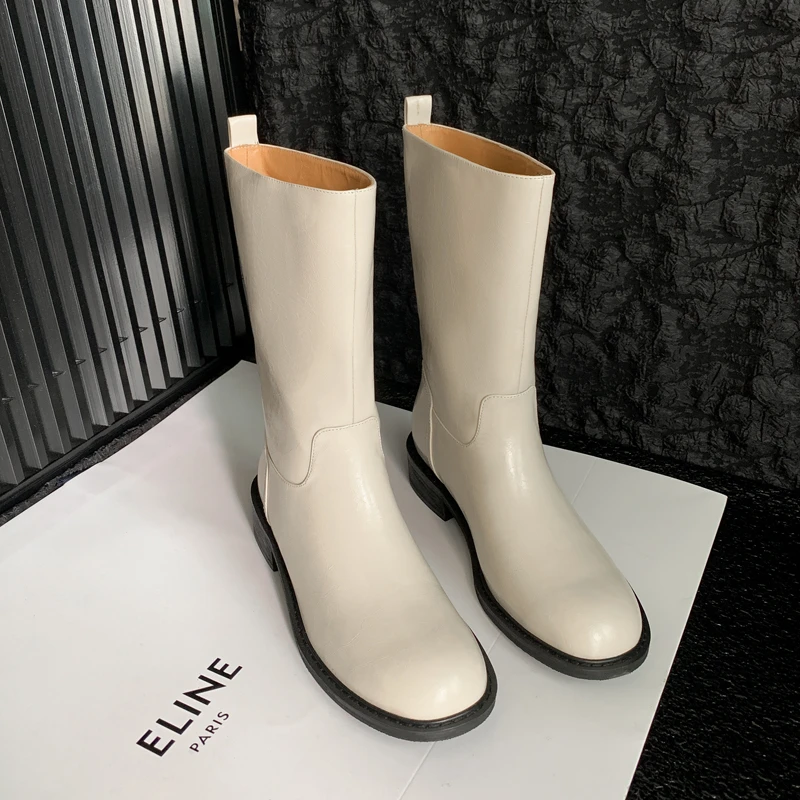 【王二今】牛皮/3CM/圆头粗跟韩版时髦酷飒A短靴女马丁靴女机车靴女