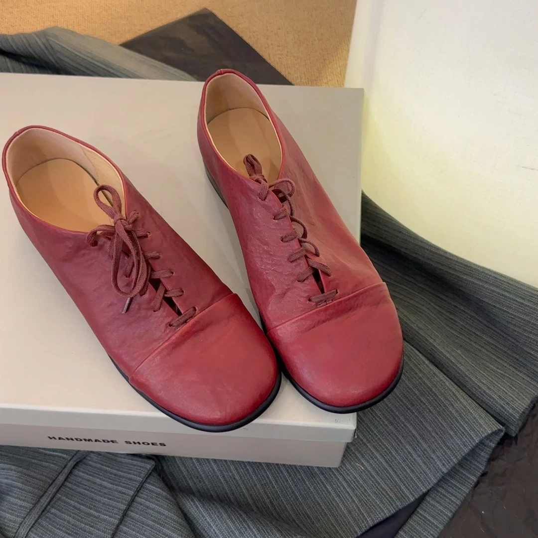 【王二今】马皮/2CM/圆头粗跟平底系带英伦风乐福单鞋小皮鞋女YR650