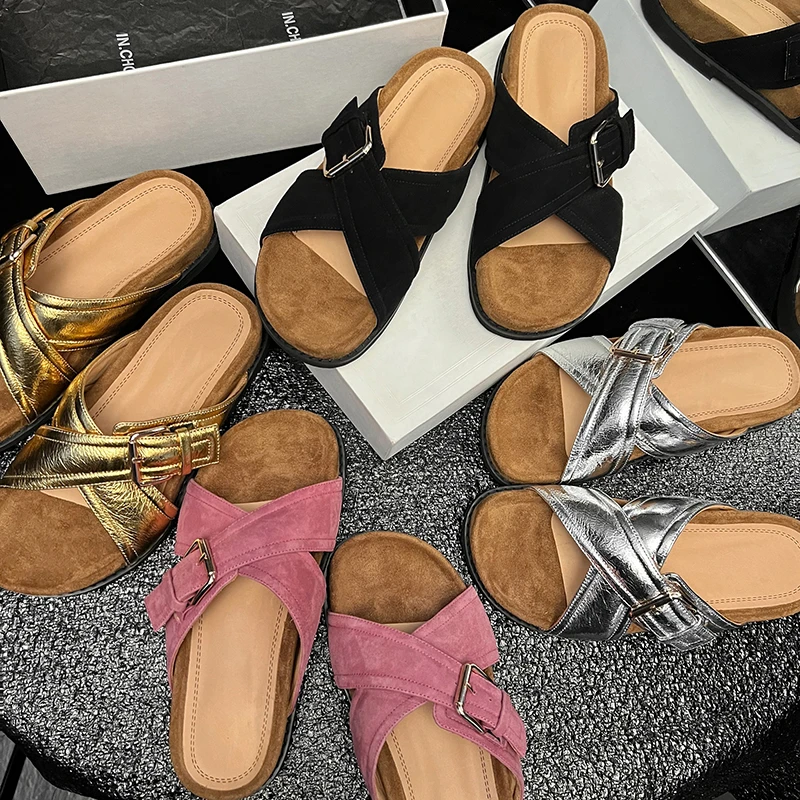 【王二今】羊皮/3.5CM/博肯拖鞋厚底外穿一脚蹬休闲凉拖女外穿