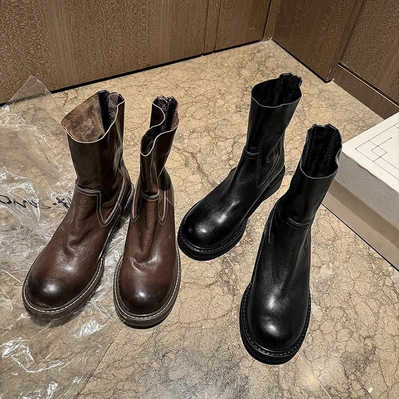 【王二今】马皮/4.5CM/圆头粗跟后拉链帅气短靴女切尔西马丁靴女