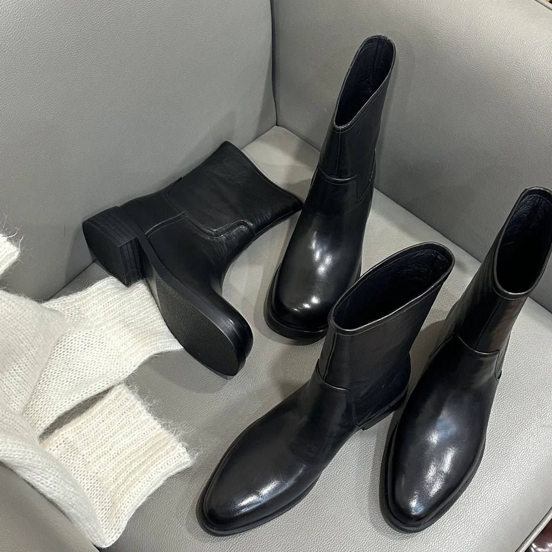【王二今】马皮/3CM/极简高级中筒靴显瘦显腿直切尔西靴短靴女