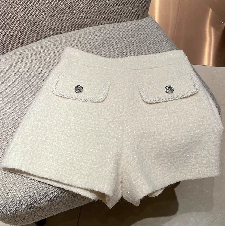 羊毛呢小香风短裤女2025秋冬新款高腰阔腿裤白色亮片粗花呢休闲裤