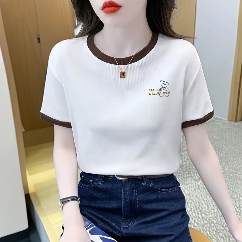 纯棉短袖t恤女装夏季新款宽松时尚撞色别致百搭上衣矮个子女款
