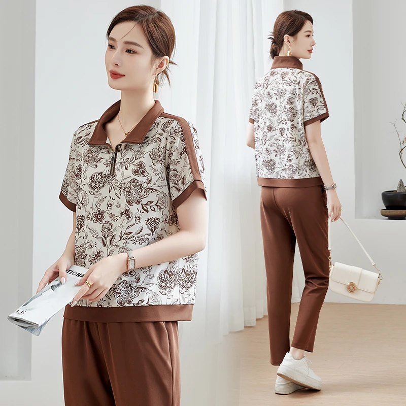 年轻妈妈夏装短袖t恤中老年女运动服套装夏季上衣洋气跑步两件套