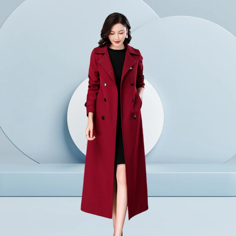 2025秋季新款流行高级感气质优雅红色风衣外套女春秋长款过膝超长