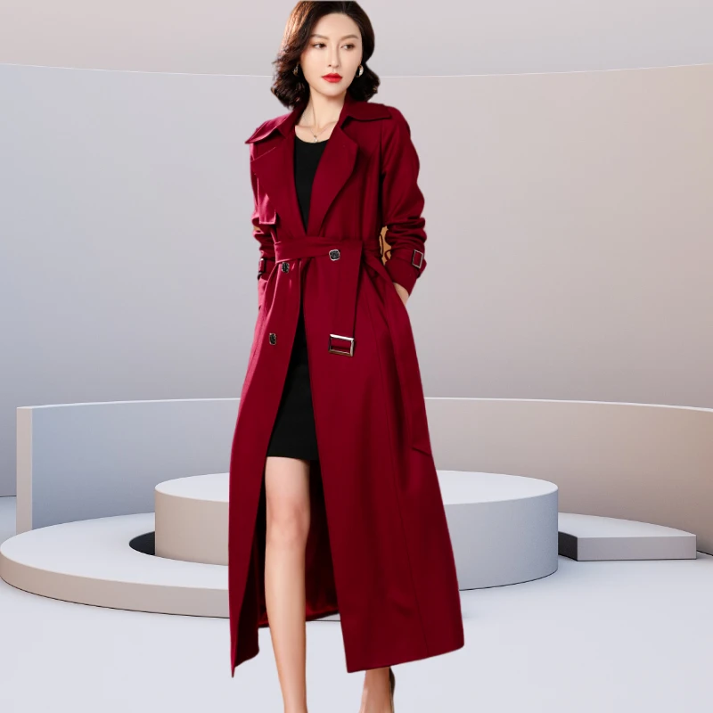 酒红色风衣大衣女2025春秋新款英伦风长款修身显瘦高级感外套气质