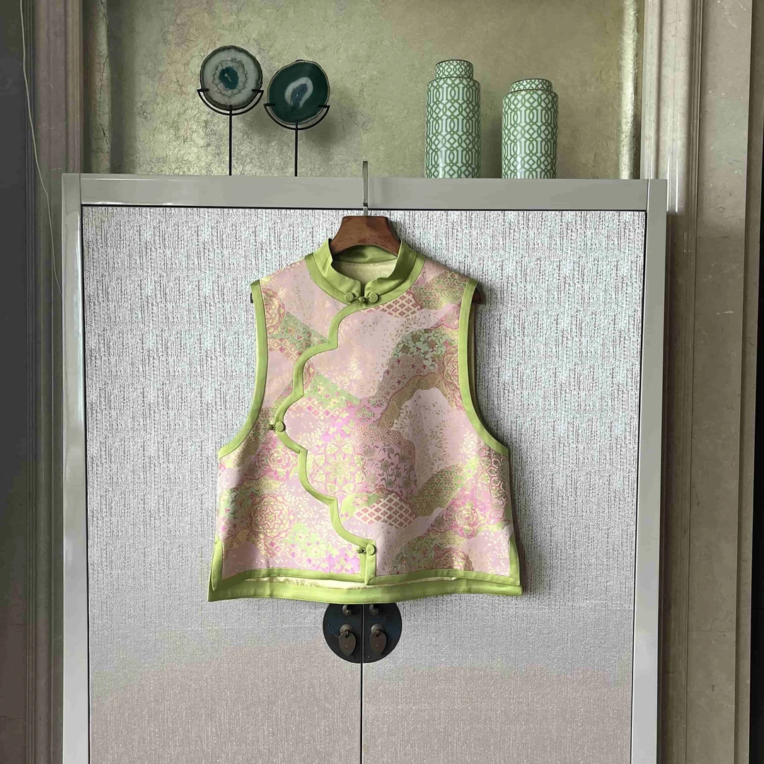 桑蚕丝中式马甲手工扣斜襟气质