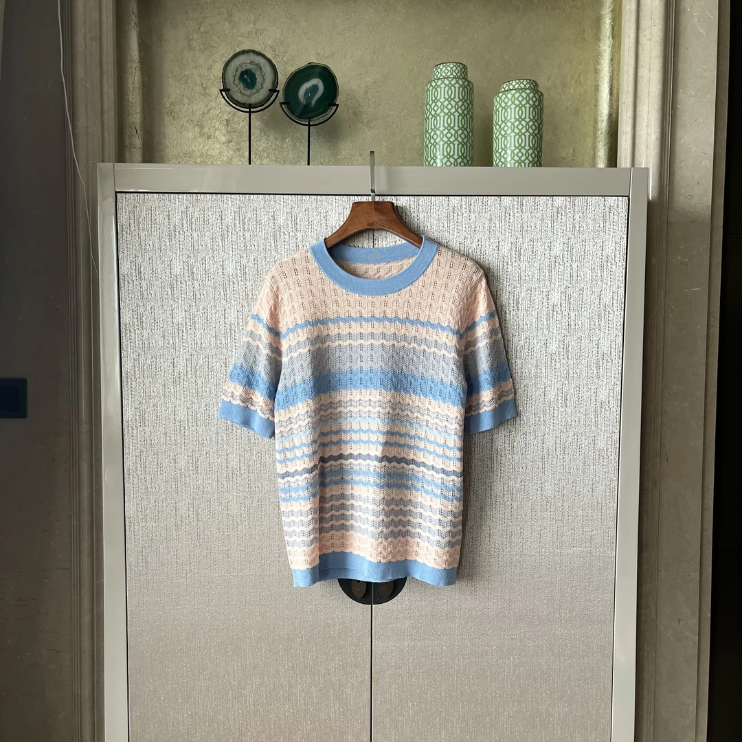 粘纤天丝亚麻针织衫短袖条纹百搭休闲