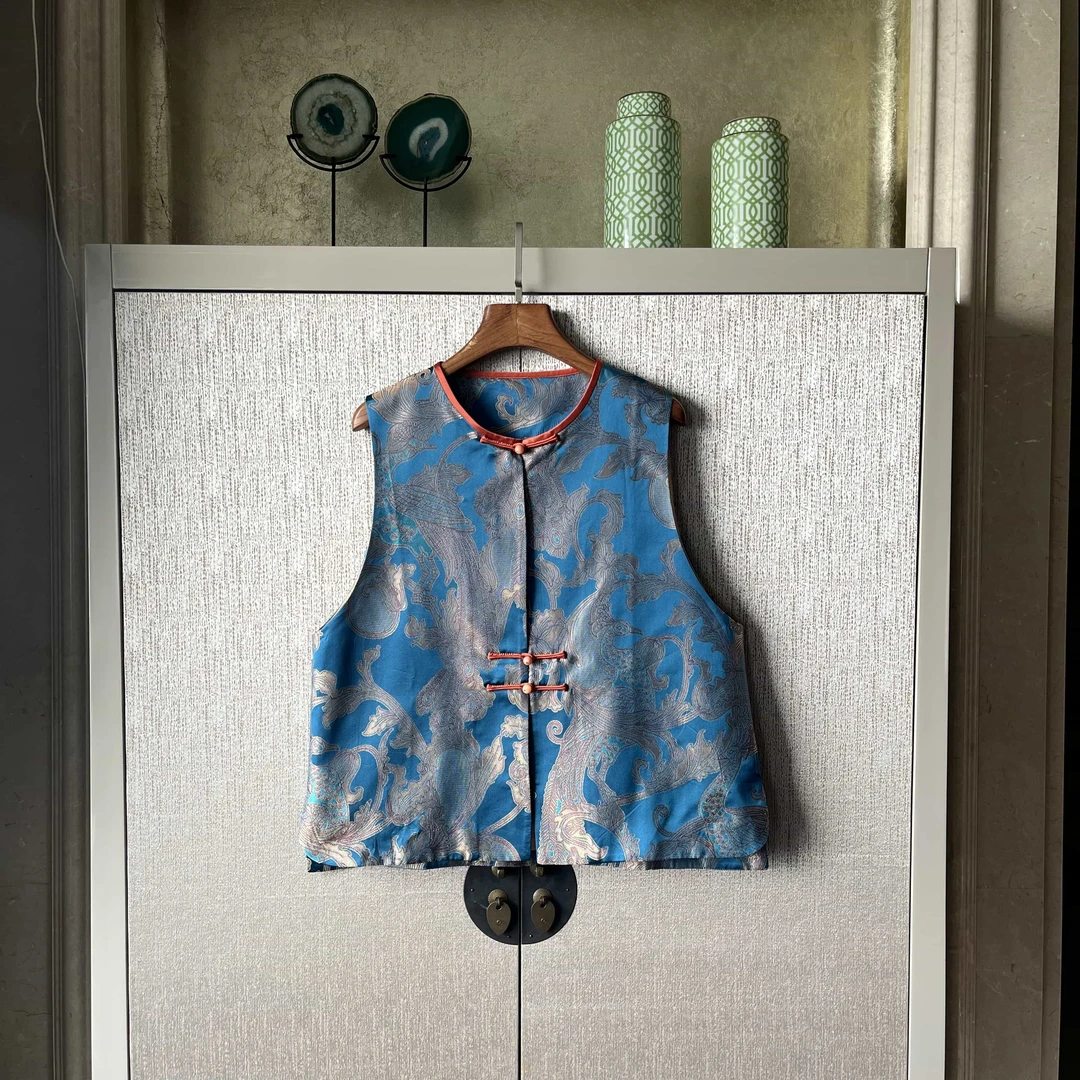 桑蚕丝马甲手工扣玉石扣中式