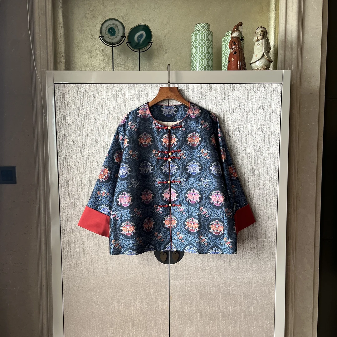 桑蚕丝外套中式圆领复古时尚