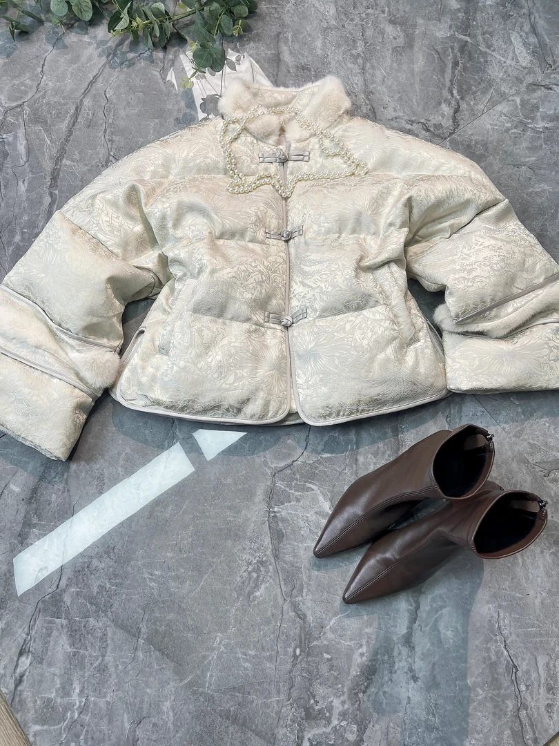 新中式大袖口防风袖提花短款立领秋冬白鸭 绒外套