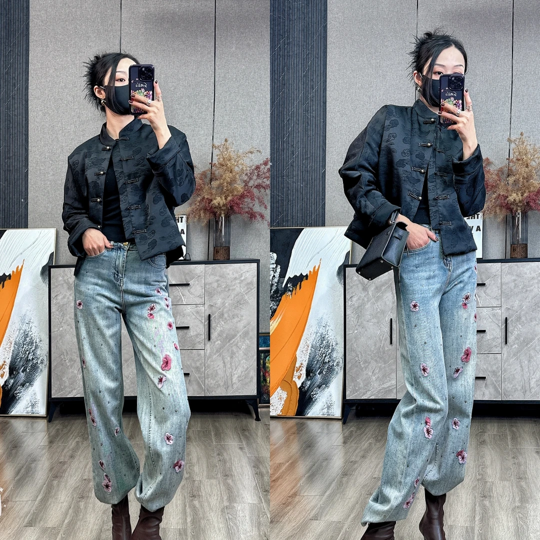 金线后背刺绣黑色暗纹提花新中式短外套棉衣